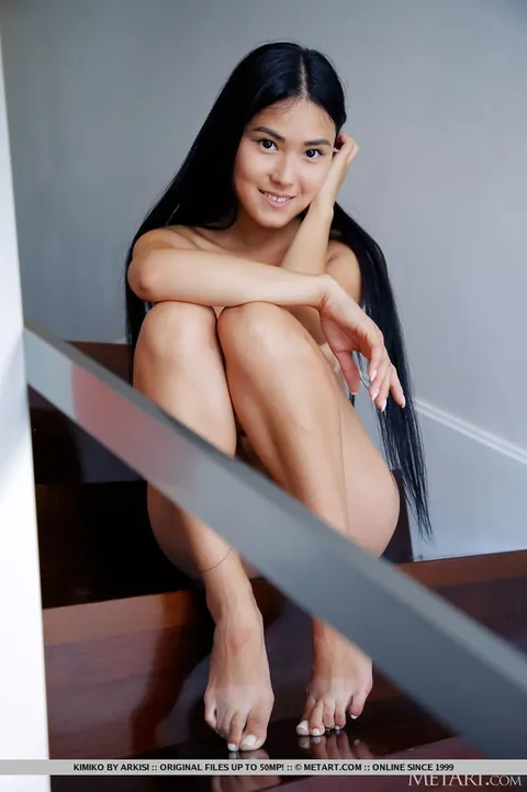Asian Brunette Strips Naked and Spreads on the Stairs – photo 13 of 18