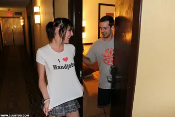 Short-Haired Brunette in Pigtails and Boots Gives a Handjob