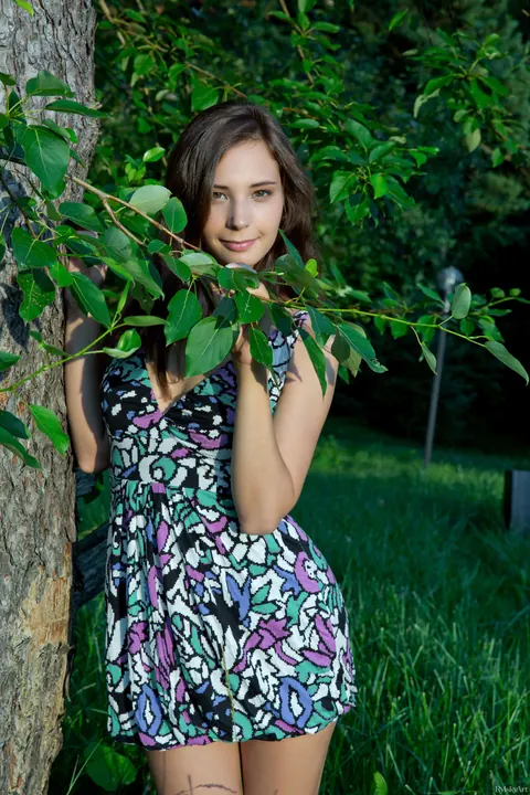 Oretha Mars: Brunette in a Skirt Strips and Spreads Outdoors – photo 5 of 20