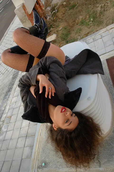Curly Brunette in Stockings Spreads Her Pussy Outdoors – photo 14 of 21