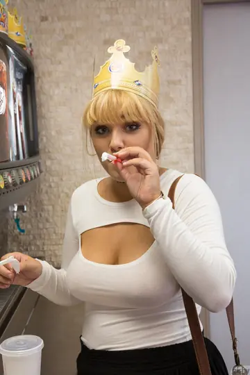 Blonde in Pantyhose Shows Off Her Big Tits at Burger King