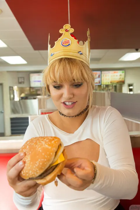 Gwen Stanberg: Blonde in Pantyhose Shows Off Her Big Tits at Burger King – photo 2 of 11