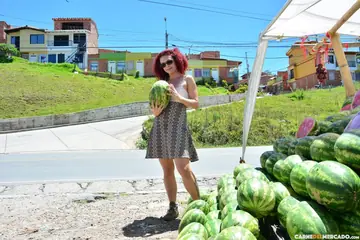 Elisa Odiosa – Curly Redhead Latina in Glasses Strips and Spreads Outdoors