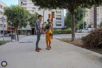 Busty Latina MILF in Heels Kisses a Guy Outdoors