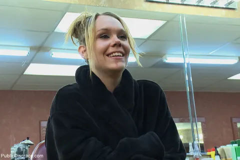 Shani Reid: Petite Blonde Gives a Blowjob in Bondage Outdoors – photo 17 of 21