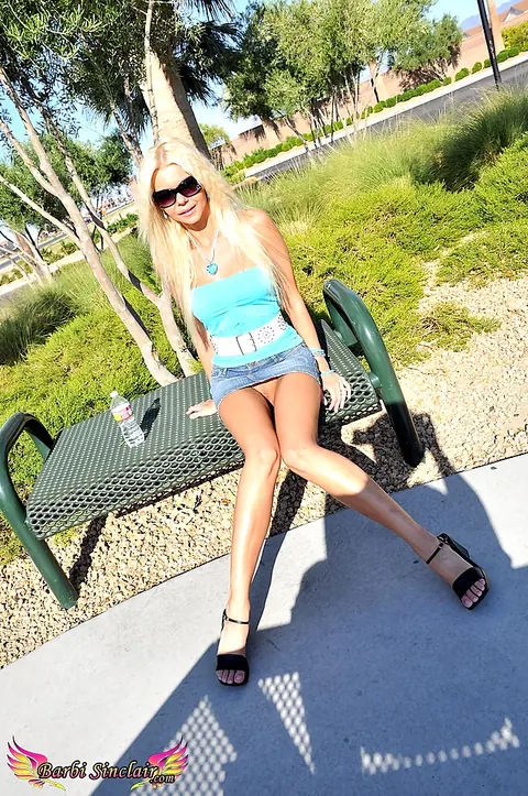 Barbi Sinclair: Thick Blonde in a Mini Skirt and Heels Spreads Outdoors – photo 11 of 15