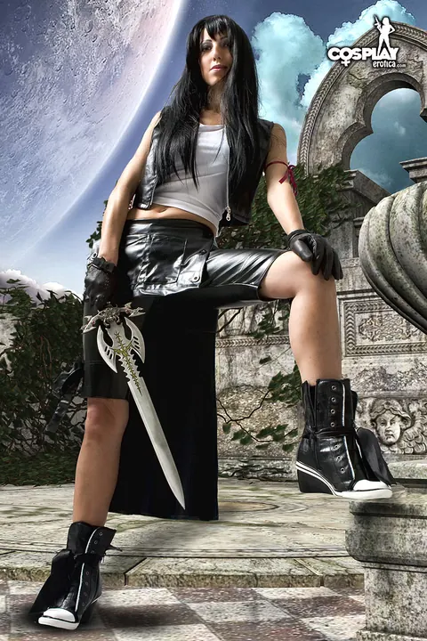 Angela Blanche: Brunette in Cosplay Spreads Her Hairy Pussy While Holding a Knife – photo 2 of 12