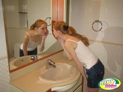 Ginger Nadin: Redhead in Shorts Fucks Her Man in the Bathroom – photo 1 of 16