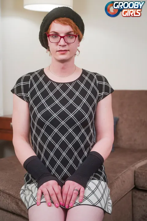 Busty Trans Woman in Glasses Jerks Her Cock – photo 2 of 16