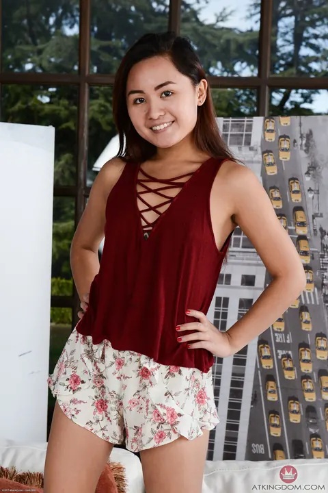 Elle Voneva: Petite Asian Brunette Pulls Shorts Aside and Spreads – photo 1 of 21