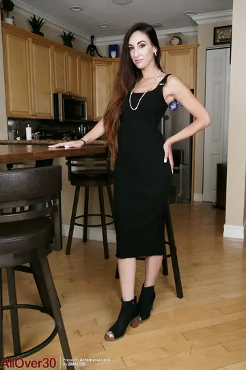 Artemisia Love – Tall PAWG Brunette Strips Out of Her Black Dress in High Heels