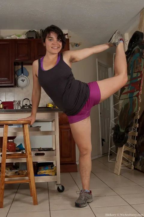 Hickory: Fit Brunette Strips Out of Her Shorts to Spread Her Hairy Pussy – photo 2 of 21