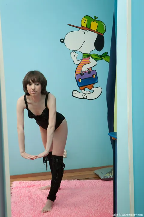 Petite Pale Brunette Strips and Spreads Her Hairy Pussy in Socks – photo 2 of 17