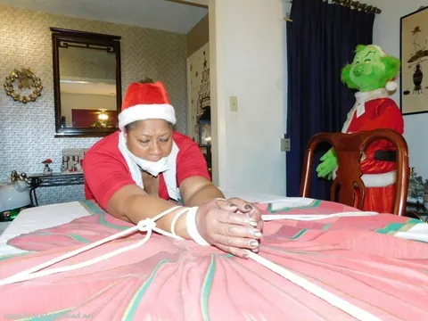Mature Ebony Woman Tied Over a Table at Christmas in Panties – photo 1 of 16