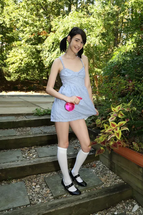 Freya Von Doom: Petite Brunette in Pigtails Strips Outdoors in a Skirt – photo 6 of 21