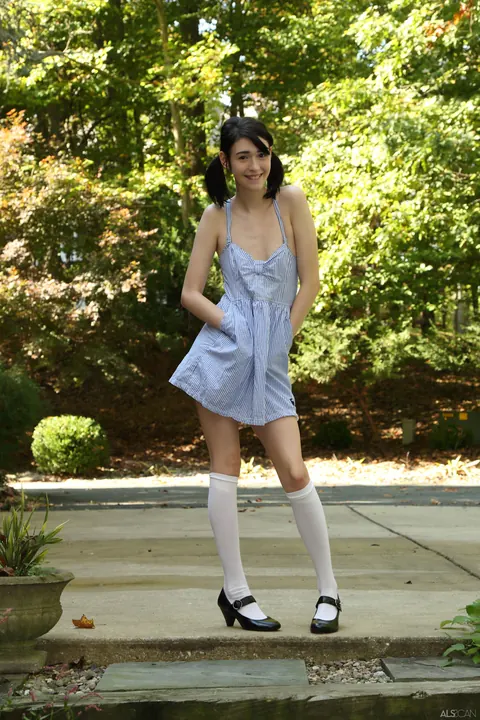 Freya Von Doom: Petite Brunette in Pigtails Strips Outdoors in a Skirt – photo 1 of 21