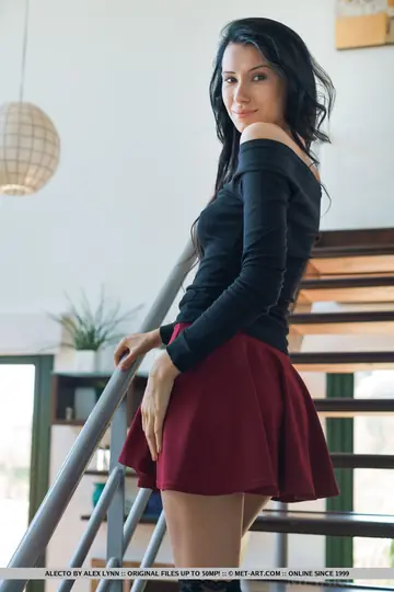 Brunette in Stockings and Skirt Spreads Her Shaved Pussy Wide