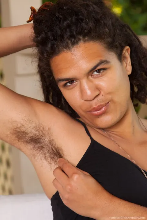 Yonique: Petite Ebony Brunette Shows Hairy Armpits and Pussy in Panties Outdoors – photo 4 of 18