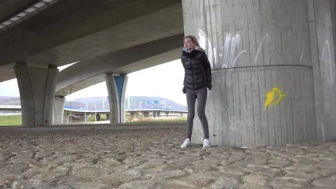European Blonde Squats in Jeans and Pisses Outdoors – photo 2 of 15