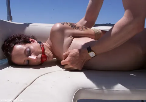 Tattooed Bound Submissive Spreads Outdoors with Ball Gag – photo 6 of 12