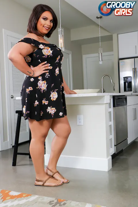 Curvy Brunette Trans Woman Strips Out of Her Dress – photo 2 of 15