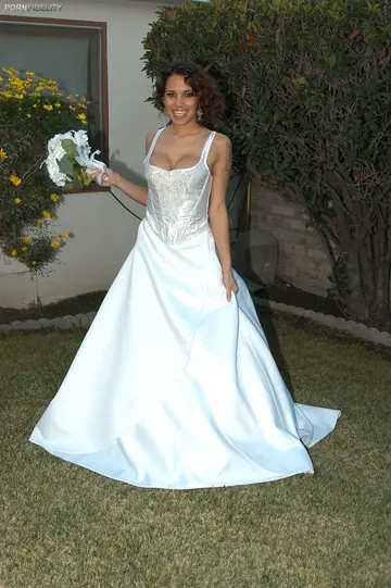 Latina Bride Lifts Her Wedding Dress and Fingers Her Pussy Outdoors