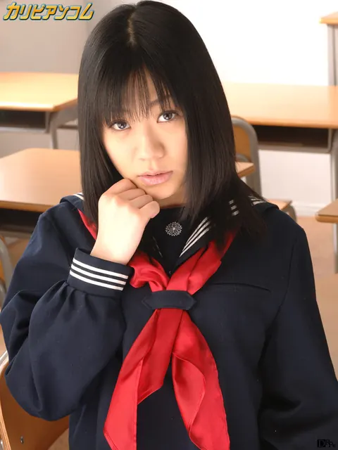 Saya Misaki: Slim Japanese Brunette in Uniform Stripped and Fucked by Two Men – photo 2 of 12