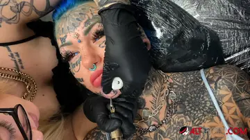 Blonde with Natural Tits and Tattoos Spreads and Shows Face Tattoo