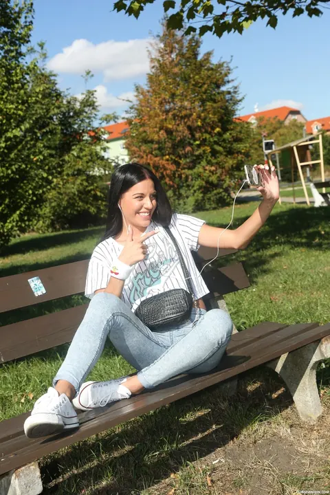 Eveline Dellai: Slim Brunette in Jeans Has Public Sex Outdoors – photo 3 of 21