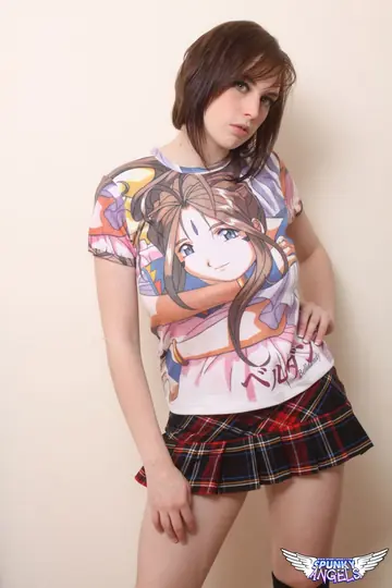 Brunette with Big Natural Tits Fondles Them in a Skirt and Socks