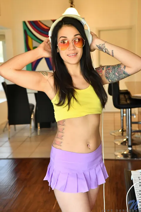 Jynx Correra: Petite Tattooed Brunette in Glasses Strips Off Her Skirt and Panties – photo 1 of 21