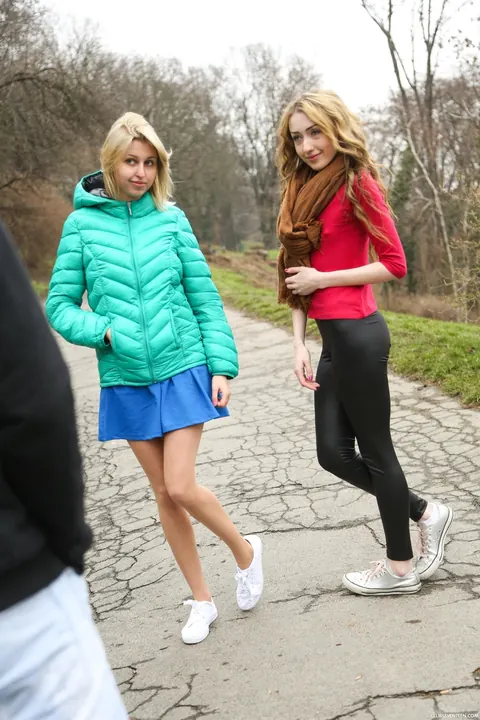 Blonde Amateur Strips for Public Threesome Outdoors – photo 3 of 20