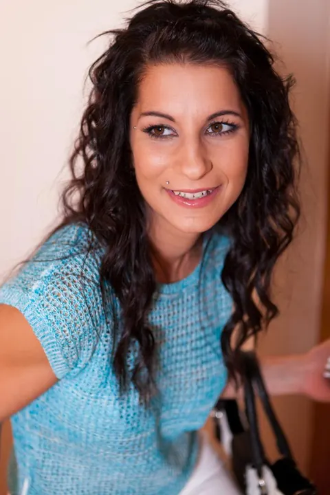 Curly European Brunette Flashes Her Tits and Strokes Cock – photo 3 of 17
