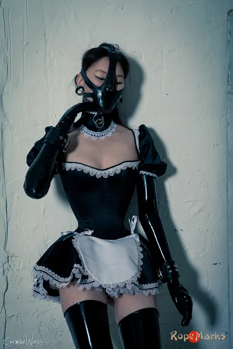 Korean Brunette Poses in Rubber Maid Uniform and Stockings – photo 14 of 16