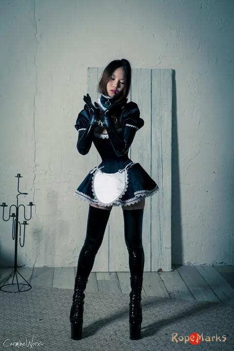 Korean Brunette Poses in Rubber Maid Uniform and Stockings – photo 7 of 16