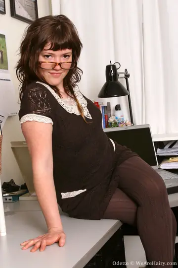 Pale Office Woman in Glasses Fingers Her Hairy Pussy
