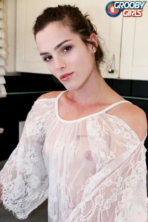 Brunette Trans Woman Strips and Strokes Her Cock in the Kitchen – photo 1 of 15