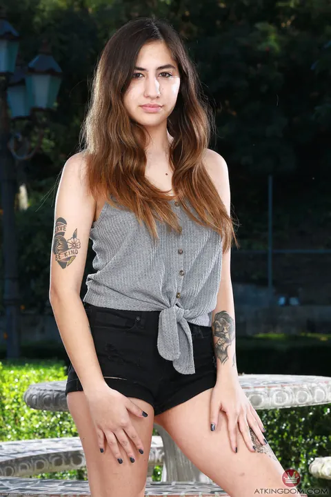 Veronica Vella: Brunette in Shorts Fingers Her Ass Outdoors – photo 2 of 21