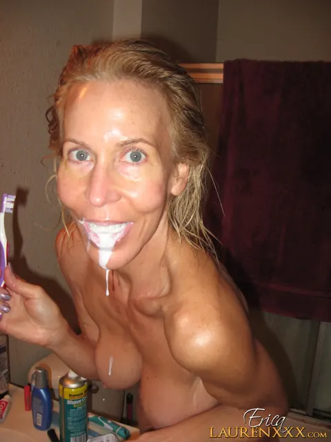 Erica Lauren: Tall Blonde MILF with Big Tits Spreads in the Bathroom – photo 20 of 20