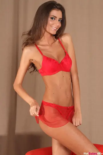 Tall Ukrainian Brunette Strips Off Her Red Lingerie and Heels