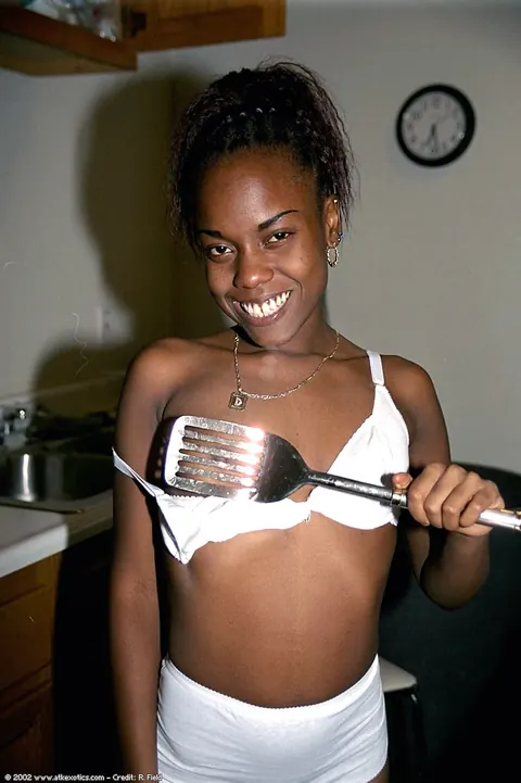 Petite Ebony Brunette Poses and Spreads Her Legs Clothed – photo 3 of 20