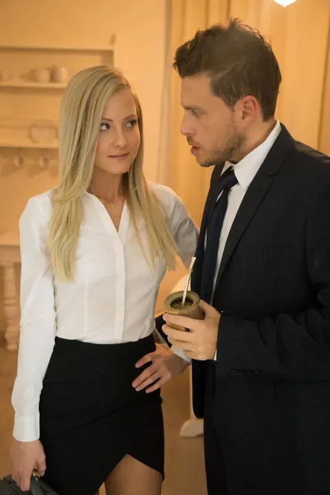 Karina Grand: Tall European Blonde Sucks Cock and Uses a Toy in a Threesome – photo 1 of 17