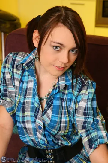 British Brunette in Pigtails Strips to Lingerie and Stockings to Finger