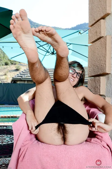 Anika Darling: Short-Haired Brunette in Glasses Spreads Her Hairy Bush Outdoors – photo 9 of 17