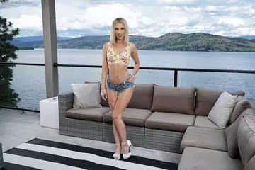 Slim Canadian Blonde in High Heels Strips and Shows Her Pussy