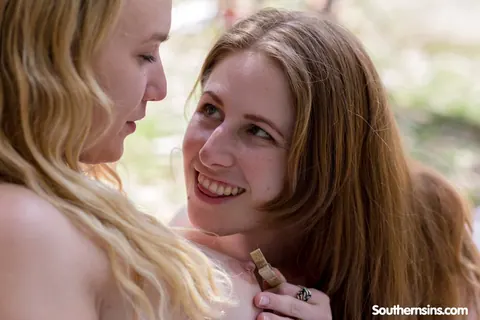 Chloe B: Busty Blonde MILF and Thick Redhead Lick Pussy in the Forest – photo 12 of 20