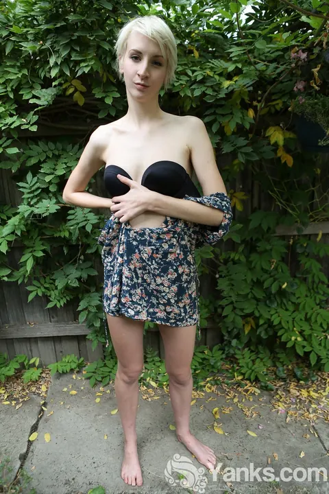 Slim Short-Haired Blonde Strips Out of Her Dress Outdoors – photo 4 of 17