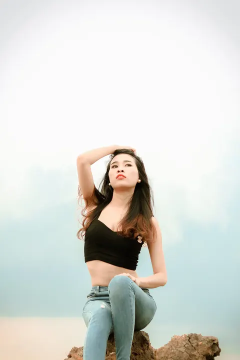 Petite Asian Brunette Poses in Jeans Outdoors – photo 12 of 21
