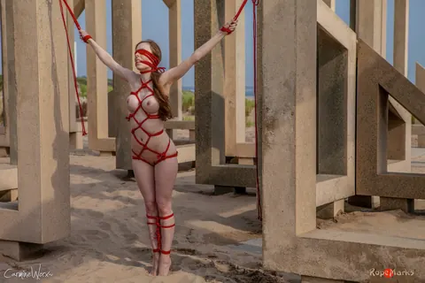 Busty Woman Tied to Construction Beams on the Beach – photo 14 of 16