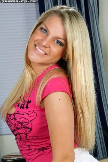 Busty Woman in Shorts and Panties Spreads Her Shaved Pussy